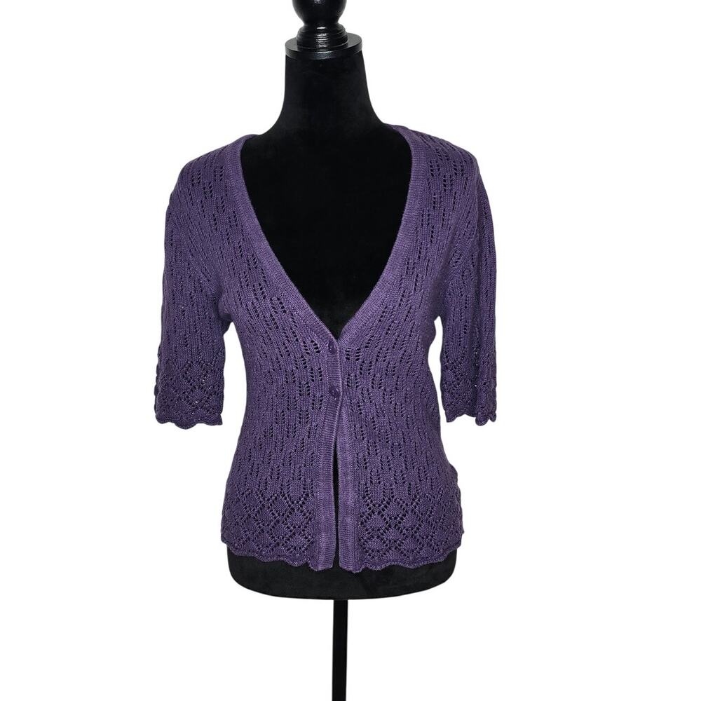 NorthCrest Classic Purple Open Knit Crochet Cardigan Women’s M Boho Ramie Cotton
